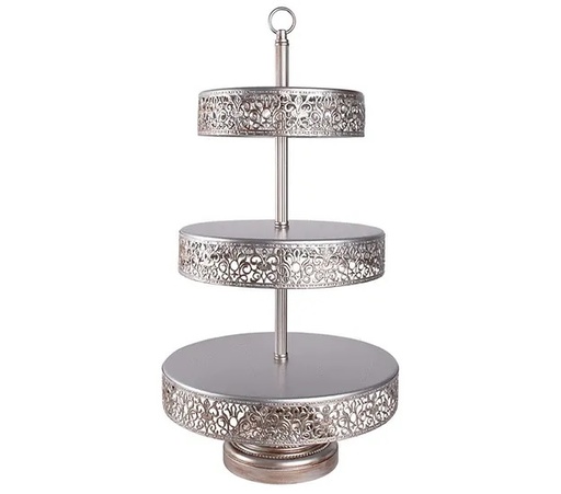 [Cake & Dessert Stands] Three Tier Silver Victorian Lace Edge Cake stand - 56 cm Height